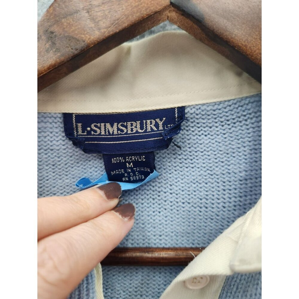 L. Simsbury Argyle Sweater Medium Blue & Cream Collar - Picture 2 of 5